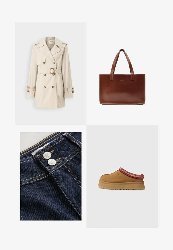 Beige-Trenchcoat mit doppelt geknöpftem Verschluss, tailliertem Gürtel, Schulterepauletten und Manschettenriemen. Glatte Stoffoberfläche.; Dunkelbrauner Pullover mit hohem Kragen, gerippten Bündchen und verkürztem Saum. Weiches Material mit einem lässigen Schnitt und subtilen Schulternähten.; Dunkelblaue Denim-Jeans zeigen eine Nahaufnahme des Bundes mit zwei Metallknöpfen, kontrastierendem goldenen Nähten und einer strukturierten Stoffoberfläche.; Braune Wildleder-Slipper mit rot-creamfarbenem gemusterten Besatz, strukturiertem Absatz und UGG-Logo an der Seite. Verfügt über eine leichte Plattformhöhe.; Braune Leder-Shoppertasche mit zwei flachen Griffen, rechteckiger Form, glatter Textur und dezentem, eingeprägtem Logo auf der Vorderseite.