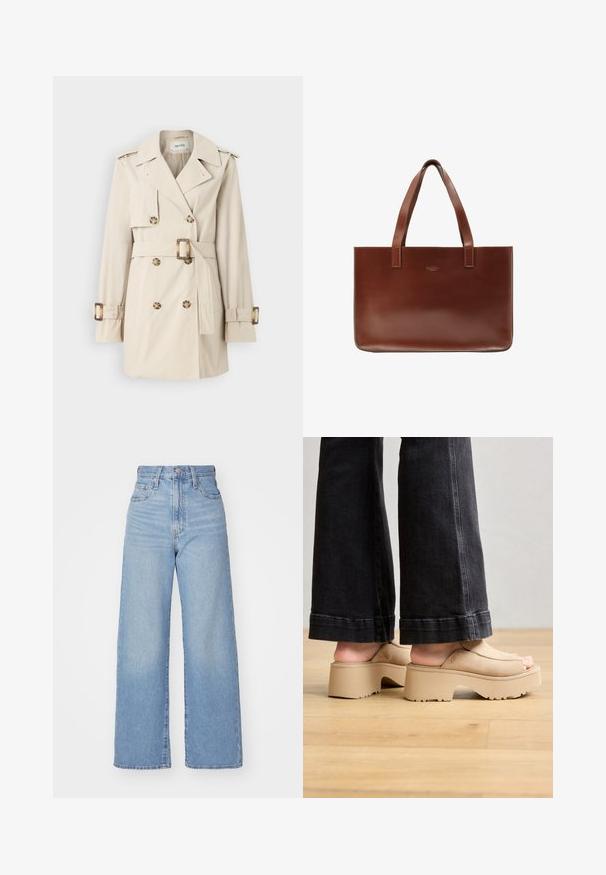 Beige trenchcoat met dubbele rij knopen, ceintuur in de taille, schouderepauletten en manchetbandjes. Gladde stoftextuur.; Zwart langemouwen shirt van gestructureerde, ribbelige stof. Het heeft een ronde halslijn en een getailleerde pasvorm.; Lichtblauwe high-waist wijde jeans met een knoop- en ritssluiting aan de voorkant, voor- en achterzakken, op een witte achtergrond.; Beige plateau sandaaltjes met een soepele suède bovenkant, open teen ontwerp, dikke zool en subtiele branding, gecombineerd met donkere flared jeans.; Bruine leren tote bag met twee platte handvatten, rechthoekige vorm, gladde textuur en een reliëflogo aan de voorkant.