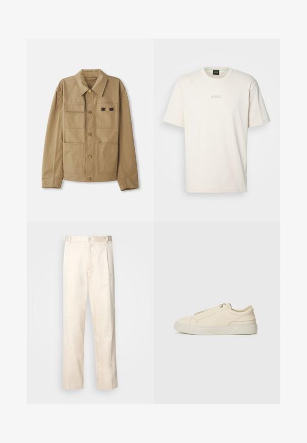 Kohvane puuvillane jakk, millel on terav krae, neli kotti, kuldsed nööbid ja musta esiletõstega detail rinnal.; BOSS TEE - Lihtne T-särk - open white; Beesidised puuvillased püksid sirge jala lõikega, mis on varustatud nööpkinnituse ja ees olevate voltidega, et lisada detaili.; Beige nahkased kingad ümmarguse varbaga, minimalistlik disain, peened õmbluse detailid ja tekstureeritud pealispind, heledal tallal.