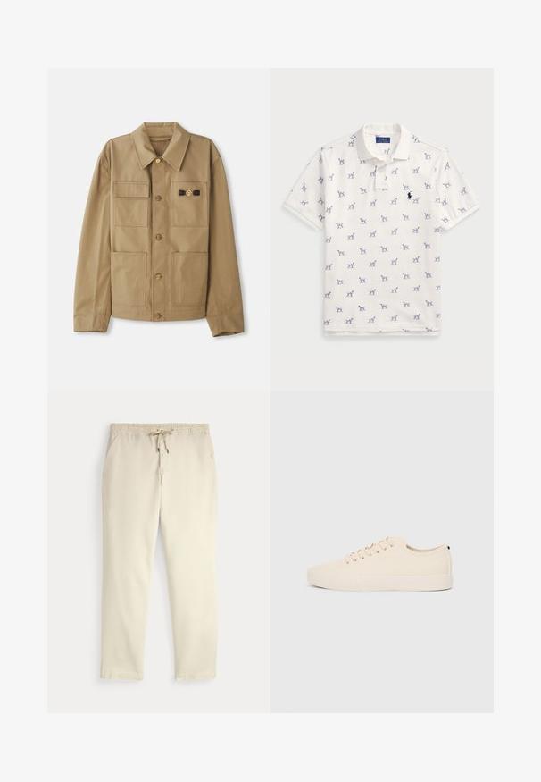 Karmelowa kurtka wykonana z bawełny, z wyraźnym kołnierzem, czterema naszywanymi kieszeniami, złotymi guzikami oraz detalem z czarnym akcentem na klatce piersiowej.; Biała koszulka polo z bawełny, z powtarzającym się niebieskim wzorem psów i małym niebieskim logo na piersi. Krótkie rękawy i kołnierzyk.; Casualne spodnie w kolorze off-white z elastycznym pasem i sznurkiem, proste nogawki i boczne kieszenie na jednolitym tle.; Beżowe trampki z płóciennym wierzchem, okrągłym noskiem, płaską gumową podeszwą oraz sznurówką z przodu. Charakteryzują się minimalistycznym designem i kontrastowym czarnym akcentem na pięcie.