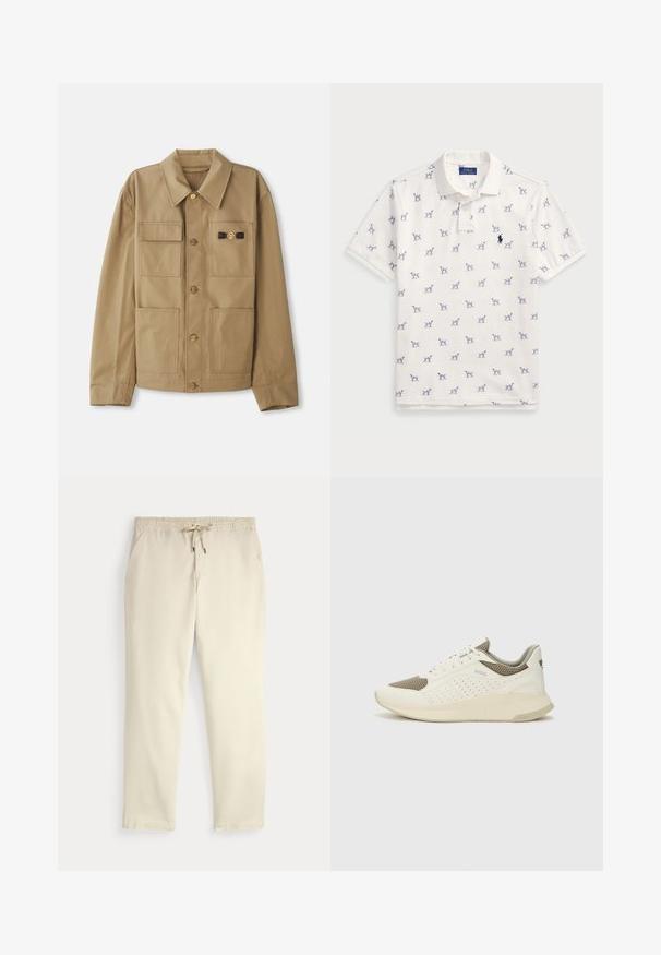 Bež jakna iz bombaža, s špicastim ovratnikom, štirimi nastavljivimi žepi, zlatimi gumbi in detajlom s črnimi akcenti na prsih.; Bela polo majica iz bombaža, ki vsebuje ponovljen modri vzorec psov in majhen modri logotip na prsih. Kratki rokavi in ovratnik.; Off-white prazne hlače s elastičnim pasom in vrvico, ravne noge in stranske žepke na enobarvni podlagi.; Beli in svetlo bež športni copat, s mrežastim zgornjim delom, perforiranimi detajli in teksturirano srednjim delom z blagovno znamko na peti.