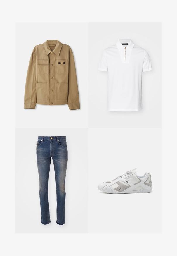 Kohvane puuvillane jakk, millel on terav krae, neli kotti, kuldsed nööbid ja musta esiletõstega detail rinnal.; Valge polo särk, mis on valmistatud puuvillast, omab tõmblukuga sulgemist ja eristuvat kraedikujundust. Mustreid ega aktsente ei ole nähtaval.; Meeste sirged teksad tumepunasest denimist, millel on kulunud tekstuur, viis taskut ja eesmine nööbid, millel on kuldne aksent.; Valged spordijalatsid hallide nahkpindu aktsentidega, tekstuuriga kummitald, võrkpaneelid ja paeltesüsteem. Külgedel on brändimise elemendid.