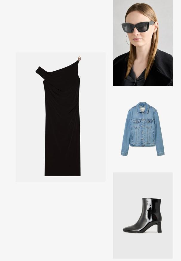 Jachetă din denim de culoare albastru deschis cu nasturi argintii, două buzunare pe piept și guler clasic. Prezintă cusături structurate și o croială ușor scurtă.; Rochie neagră cu un umăr, realizată dintr-un material drapat, cu un accent auriu pe umăr, textură netedă și design până la genunchi.; Botine negre din piele lacuită, cu vârful ascuțit și toc bloc de înălțime medie. Textură netedă și design minimalist.; Ochelari de soare negri tip cat-eye cu lentile întunecate, rame groase și accente subtile. Purtați cu o haină neagră și un top gri, având părul lung și drept.