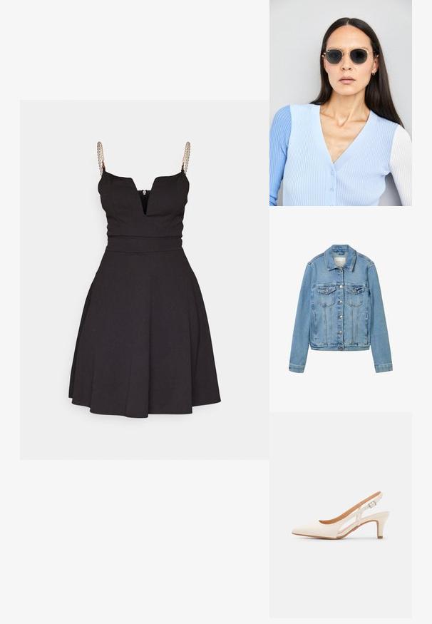 Světle modrá džínová bunda se stříbrnými knoflíky, dvěma náprsními kapsami a klasickým límcem. Obsahuje strukturované švy a lehce zkrácený střih.; Černé áčkové šaty s hlubokým véčkovým výstřihem a designem na tenké ramínka. Obsahují perlové detaily na ramínkách a těsně padnoucí korzet.; Bílé lodičky na podpatku s špicatou špičkou, hladkým svrškem, nízkým blokovým podpatkem a designem s bočním výřezem se stahovací sponou.; Kulaté sluneční brýle s tmavými čočkami a zlatými rámy. Modelka má na sobě světle modrý žebrovaný kardigan s knoflíky a kontrastními bílými rukávy.; Kabelka na zápěstí Michael Kors v béžové potažené plátno s opakujícím se vzorem loga MK, zlatými kovovými doplňky a odnímatelným řetízkovým popruhem.