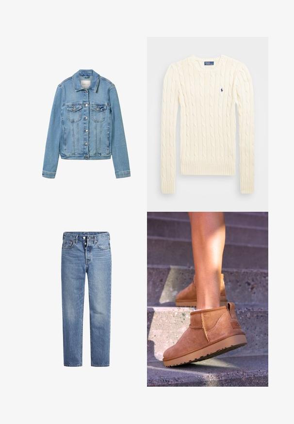 Veste en denim bleu clair avec des boutons argentés, deux poches poitrine et un col classique. Présente des coutures structurées et une coupe légèrement raccourcie.; Pull en maille torsadée crème avec manches longues, poignets et ourlet côtelés, présentant un petit logo brodé sur la poitrine gauche.; Jeans en denim bleu clair avec une coupe droite, un design à cinq poches et un bouton pression. Présentent une légère décoloration et des coutures orange en accent.; Bottines en suede beige avec une texture douce, des détails cousus et une semelle en caoutchouc, dotées d'un talon en boucle pour un enfilage facile.