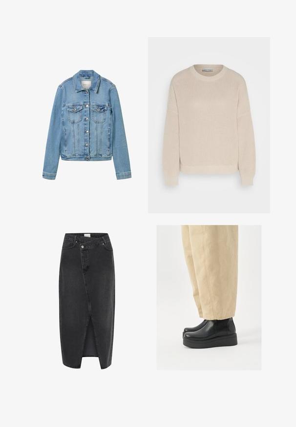 Gaiši zils denim jaka ar sudraba pogām, divām krūšu kabatām un klasisku apkakli. Iezīmē struktūras šuves un nedaudz saīsinātu piegriezumu.; Anna Field Džemperis - grey; Melna džinsu midi svārki ar priekšējo izgriezumu, strukturētu piegriezumu un klasisko piecu kabatu dizainu. Aprīkoti ar pogu un rāvējslēdzēja aizdari.; Melni ādas potīšu zābaki ar noapaļotu purngalu un platformas zoli. Saskaņoti ar bežām platām biksēm, kurām ir redzamas šuvju detaļas.