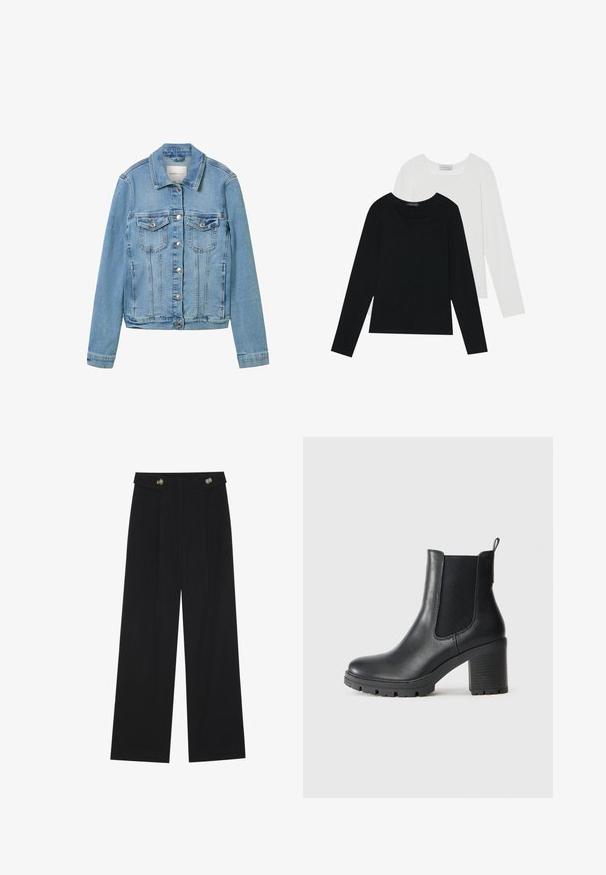 Lys blå denimjakke med sølvknapper, to brystlommer og klassisk krage. Har strukturerte sømmer og en lett cropped passform.; To lange ermer t-skjorter, en svart og en hvit, begge med firkantet utringning og laget av mykt, elastisk stoff.; Svart vide bukser med høy midje, knappdetaljer på midjebåndet og frontplisser.; Sorte lær ankle boots med elastiske sidepaneler, tykk gummisåle og høy blokkhæl. Har en løfletapp bak.