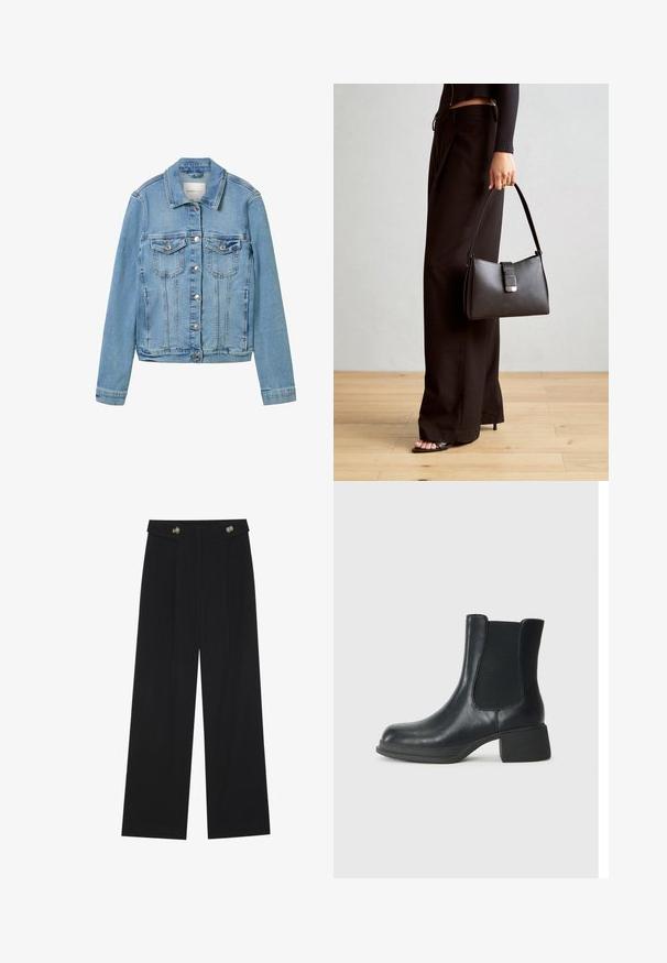 Jachetă din denim de culoare albastru deschis cu nasturi argintii, două buzunare pe piept și guler clasic. Prezintă cusături structurate și o croială ușor scurtă.; Top negru cu mânecă lungă, cu mansete evazate, textură moale și croială lejeră, având un guler rotund simplu.; Pantaloni negri cu picioare largi, talie înaltă, detalii cu butoane pe talie și pliseuri în față.; Botină neagră din piele cu panouri elastice pe lateral, vârf rotund și toc jos în formă de bloc. Suprafața are o textură netedă și detalii minime.; Genți negre cu o formă structurată, textură netedă și un închizător metalic. Asortată cu pantaloni negri largi și sandale cu vârf deschis pe un podea din lemn.