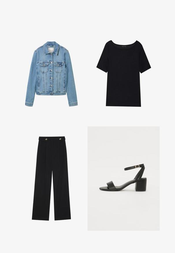 Lyseblå denimjakke med sølvknapper, to brystlommer og klassisk krave. Har strukturerede sømme og en let cropped pasform.; Sort T-shirt med korte ærmer og bred halsudskæring. Fremstillet af blødt, let stof. Simpelt design uden mønstre eller detaljer.; Sorte vide bukser med høj talje, knapdetaljer på taljebåndet og frontfald.; Sort hæl sandal med en glat læderoverdel, åben tå, brede frontstropper og justerbar ankelrem med detaljer i guldfarve.
