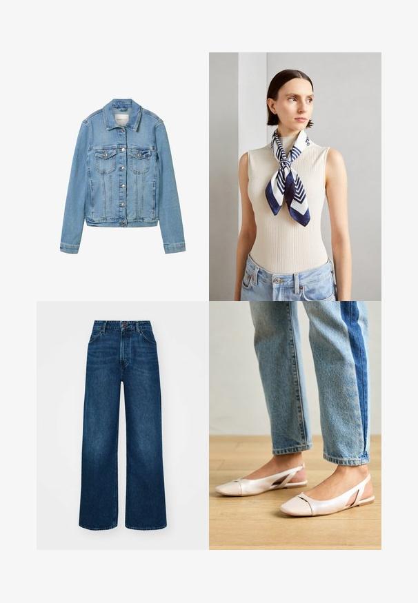 Lys blå denimjakke med sølvknapper, to brystlommer og klassisk krage. Har strukturerte sømmer og en lett cropped passform.; Off-white kortermet T-skjorte laget av myk, teksturert stoff med rund hals og avslappet passform. Ingen logoer eller tilleggdetaljer til stede.; Høyt liv, vide jeans i mørk blå denim med en jevn tekstur, kontrastsøm og fem-lommers design. Frontlukkning med knapp.; Lys rosa slingback leiligheter med spiss tå, laget av et glatt, læraktig materiale. Har utskjæringer på sidene og lav hæl.; Silkesjal i marineblått og hvitt med et geometrisk sikksakkmønster. Glatt tekstur, pent bundet rundt halsen, som komplementerer en ribbestrikket topp.