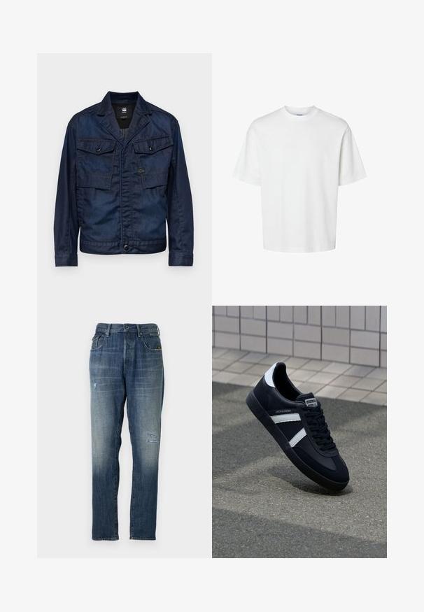 Tamno plava traper jakna s ovratnikom, dva džepa na prsima i dugmadi za zatvaranje. Ima glatku teksturu i opušteni kroj.; Bijela pamučna majica kratkih rukava, s okruglim izrezom i opuštenim krojem. Glatka tekstura bez vidljivih uzoraka ili ukrasa.; Traperice u izblijedelo plavoj boji, ravnog kroja, s umjerenim oštećenjima sprijeda i klasičnim pet džepovima.; Crne kožne tenisice s bijelim prugama, strukturirana gumena potplate i vezanjem sprijeda. Ima oznaku brenda na jeziku.