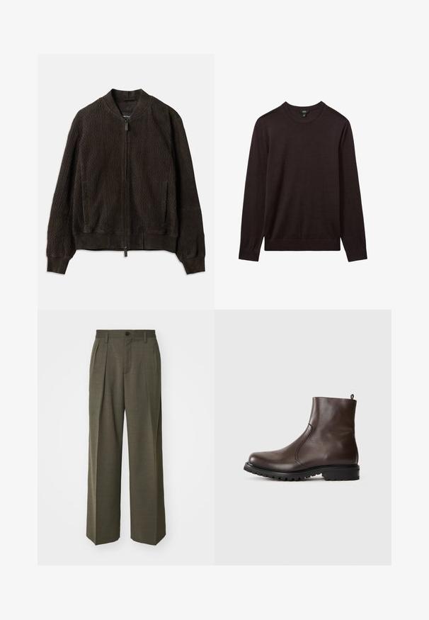 Donkerbruin bomberjack van een gestructureerde stof, met ribgebreide manchetten en zoom, een ritssluiting aan de voorkant en zijzakken.; Reiss Trui - dark bordeaux; Filippa K WIDE TROUSERS - Broek - driftwood; Bruine leren enkelboot met een gladde textuur, elastische zijpanelen, een trekband aan de achterkant en een robuuste rubberen zool.