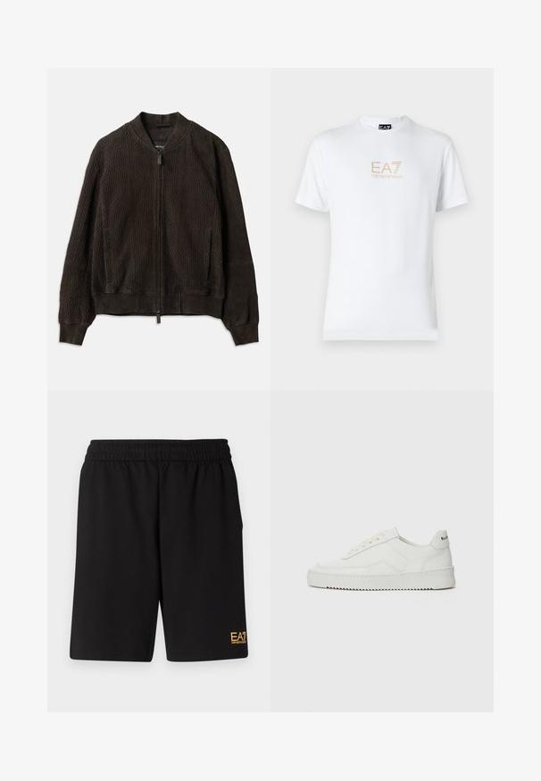 Jachetă bomber de culoare maro închis, fabricată dintr-un material texturat, cu manșete și tiv cu dungi, închidere cu fermoar în față și buzunare laterale.; Tricou alb din bumbac, cu guler rotund și mâneci scurte, având un logo auriu EA7 Emporio Armani imprimat pe față.; Shorts atletici negri dintr-un material moale, având o talie elastică și un mic logo galben EA7 pe partea inferioară a piciorului stâng.; Sneakers din piele albă cu un finisaj neted, vârf rotund, șireturi plate și o talpă texturată. Prezintă un logo subtil pe călcâi.