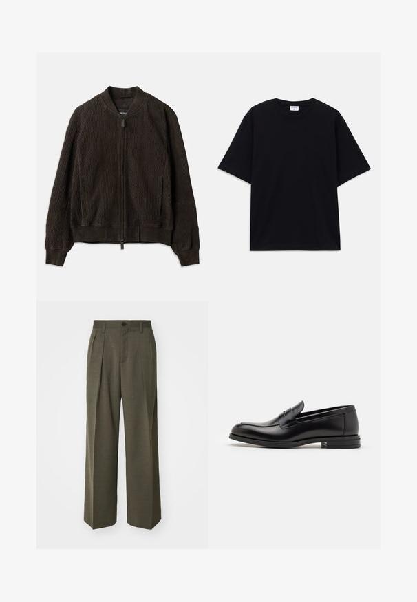 Temno rjava bomberska jakna z teksturirano tkanino, rebrastimi manšetami in robom, sprednjim zadrževalnim zapiranjem in stranskimi žepi.; Črno kratkotrajno široko T-shirt s krožnim izrezom in vidno blagovno znamko Filippa K znotraj ovratnika.; Filippa K WIDE TROUSERS - Hlače - driftwood; Črne usnjene loafer čevlje z gladko teksturo, zaobljenim nosom in dekorativnim trakom čez zgornji del. Nizka zložena peta, minimalističen dizajn.