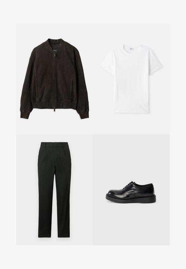 Donkerbruin bomberjack van een gestructureerde stof, met ribgebreide manchetten en zoom, een ritssluiting aan de voorkant en zijzakken.; Witte katoenen t-shirt, ronde halslijn, korte mouwen, gladde structuur, geen patronen of accenten, eenvoudig ontwerp, standaard pasvorm.; Zwarte broek met een recht gesneden ontwerp, een vlakke voorkant en zijzakken. Gemaakt van een gestructureerde stof met een gladde afwerking.; Zwarte leren veterschoen met een ronde neus, een glad oppervlak en een dikke rubberen zool met subtiele groeven voor grip.