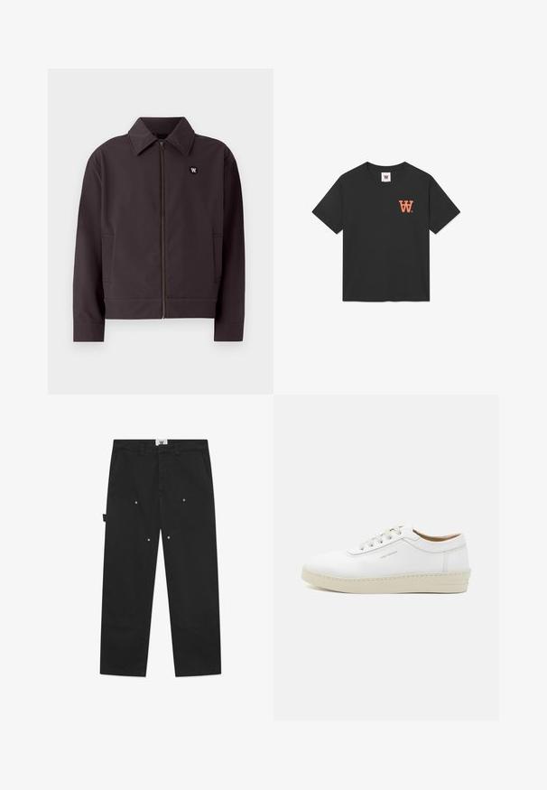 Jachetă bomber gri închis cu fermoar frontal, guler ascuțit și buzunare laterale. Prezentă un logo circular negru pe piept. Textură de material neted.; Tricou negru din bumbac cu mâneci scurte, guler tip crew și un logo portocaliu "W" pe partea stângă a pieptului. Textură moale și fină.; Pantalonii negri din bumbac au o croială dreaptă, cusături vizibile, buzunare laterale și detalii cu clips metalice pe panourile din față.; Sneaker alb din piele cu un finisaj texturat, vârf rotund, talpă din cauciuc bej și șase ochiuri pentru șireturi gri, având un logo subtil pe lateral.
