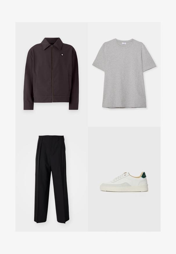 Tummanharmaa bombere takki, jossa on vetoketjukiinnitys, terävä kaulus ja sivutaskut. Rinnassa ympyrän muotoinen musta logo. Sileä kangas.; Harmaa lyhythihainen T-paita, joka on valmistettu pehmeästä ja teksturoidusta kankaasta. Varustettu klassisella pyöreällä pääntiellä ja suoraselkäisellä helman kanssa, sopii rentoon pukeutumiseen.; Mustat laskostetut housut, joissa on suora, leveä lahje. Valmistettu sileästä kankaasta, jossa on nappisuljenta ja vyölenkit.; Valkoiset tennarit, joissa on nahkaosia, pyöreä kärki, tasaiset nauhat ja kermaisa kumi-pohja. Takana vihreä brändäys.