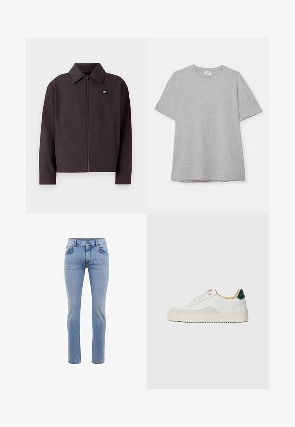 Tumši pelēks bumbieru jakas ar rāvējslēdzēju priekšā, nedaudz norādītu apkakli un sānu kabatām. Uz krūtīm ir apļveida melns logo. Gluda auduma struktūra.; Pelēks īsā piedurkņu T-krekls, kas izgatavots no mīkstas, teksturētas auduma. Tam ir klasiskā apļa kakla izgriezums un taisna apakšmalā, piemērots ikdienas valkāšanai.; Gai zila denima bikses ar šauru piegriezumu, piecām kabatām un taisnu kāju dizainu. Iekļautas rāvējslēdzēju aizdare un jostas cilpas. Mīksta tekstūra.; Baltas sneakers ar zamša akcentiem, noapaļota purngala, plakaniem auklām un krēmkrāsas gumijas zoli. Ar zaļu zīmolu uz papēža.