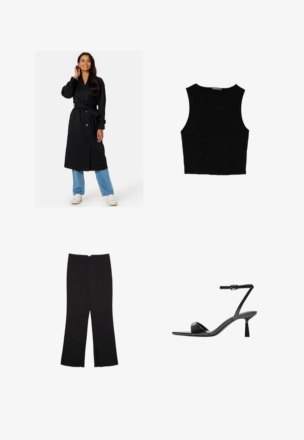 Černý trenčkot s dvouřadým zapínáním, pásem v pase, dlouhými rukávy a rovnými liniemi, spárovaný se světle modrými širokými džíny a bílými teniskami.; Černý bezsleeve crop top vyrobený z hladké tkaniny, s kulatým výstřihem a čistým, jednoduchým designem bez vzorů nebo kovových doplňků.; Černé kalhoty s rovným střihem, s předními kapsami a bočními rozparky na lemu. Vyrobené z jemné, hladké tkaniny. Vhodné na různé příležitosti.; Bershka Sandály na vysokém podpatku - black
