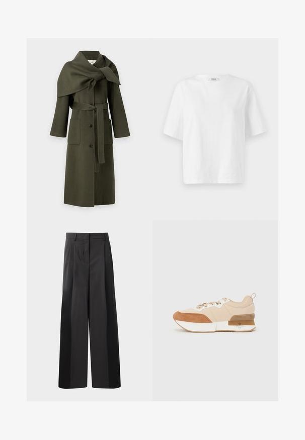 Olivovo-zelený vlnený kabát so šálovým golierom, voľným strihom, dlhými rukávmi, prednými vreckami a zodpovedajúcim opaskom. Disponuje zapínaním na gombík.; Biele tričko s krátkym rukávom vyrobené z bavlny, s okrúhlym výstrihom a voľným, hranatým strihom s minimálnymi švýkacími detailami.; Čierne široké nohavice s vysokým pásom, so záhybmi vpredu, hladkou textúrou a prispôsobeným strihom. Navrhnuté pre uvoľnený strih.; Tenisky s béžovým textilným zvrškom a tan nubukovými akcentmi, bielou medzišľapkou a gumovou podrážkou s detailom značky.