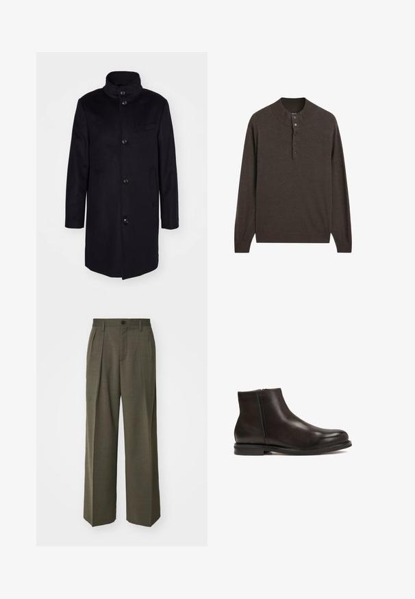 Navy modrý vlněný kabát s vysokým límcem, jednoradovým designem a pěti velkými knoflíky. Obsahuje dvě postranní kapsy a kapsu na prsou.; Hnědý pulovr s dlouhým rukávem a vysokým límcem, s knopovou legou se třemi knoflíky. Vyrobený z měkké látky, má hladký povrch a vroubkované manžety.; Filippa K WIDE TROUSERS - Kalhoty - driftwood; Černá kožená kotníková bota s hladkým povrchem, zaoblenou špičkou a nízkým podpatkem. Obsahuje boční zip pro snadné obouvání.