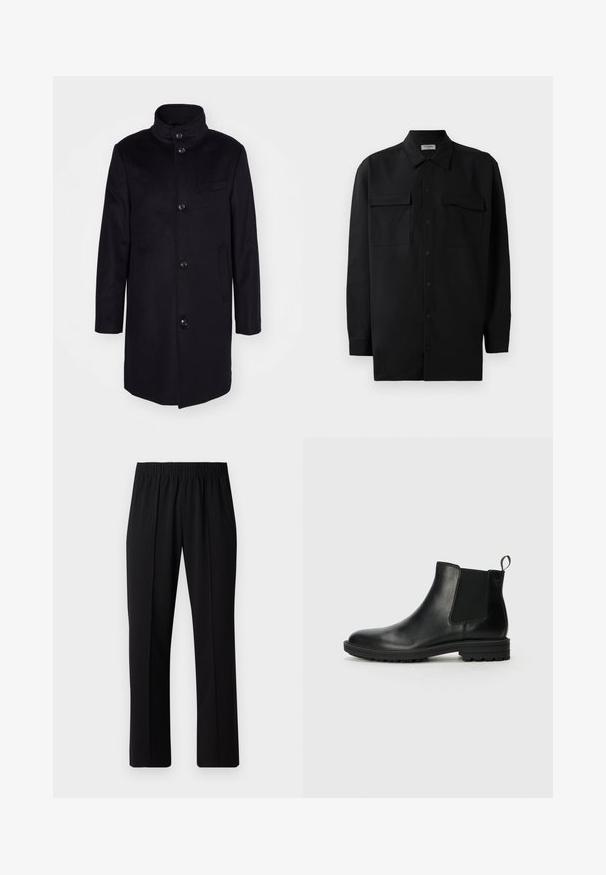 Tamsiai mėlynas vilnonis paltas su aukštu apykakle, vieno mygtuko dizainu ir penkiomis didelėmis mygtukais. Turi dvi šonines kišenes ir krūtinės kišenę.; Juodas marškinis su mygtukais, pagamintas iš lygaus audinio, turi klasikinius apykaklės, du priekiniai kišeniai ir ilgus rankovės su mygtukais.; Juodos, elastingos juosmens kelnės su tiesiomis kojomis, turinčios lygų paviršių ir be matomų raštų ar detalių.; Jack & Jones JFWHOSKINS - Klasikiniai aulinukai - anthracite