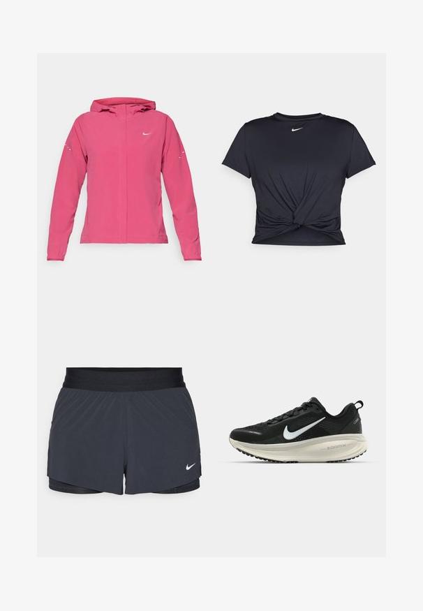 Roze Nike jacket met een rits aan de voorkant, capuchon, lange mouwen met elastische manchetten en reflecterende accenten op de mouwen. Gladde stofstructuur.; Zwarte sportieve T-shirt van gladde stof, met een geknoopt ontwerp aan de voorkant en een klein wit Nike-logo op de borst.; Zwarte sportshorts met een elastische tailleband, met een gelaagd ontwerp en een klein wit Nike-logo aan de onderkant links. Lichtgewicht materiaal.; Zwarte Nike hardloopschoen met ademend mesh bovenwerk, witte swoosh-logo, gestructureerde details en een crèmekleurige ZoomX middenzool.
