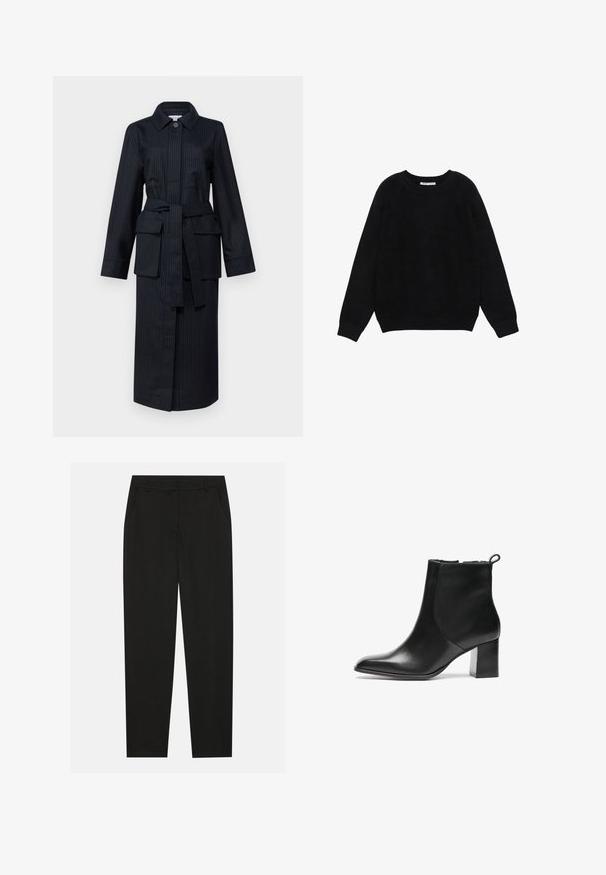 Pitkä, tummansininen raidoitettu takki, jossa on kauluksellinen kaulus, pitkät hihat, vyöllinen vyötärö, kaksi suurta etutaskua ja suoraviivainen leikkaus.; Musta pitkähihaisen pyöreäkauluksinen neulepusero, jossa on resorit hihansuissa ja helmassa, esitettynä litteänä valkoisella taustalla.; Musta housut, joissa on räätälöity muotoilu, sivutaskut ja suora lahje. Valmistettu sileästä, kevyestä kankaasta, jossa on tyylikkäät pinnat.; Musta nahkainen nilkkuri, jossa on pyöreä kärki, keskikorkea paksu korko ja vetoketju takana. Sujuva pinta, minimalistinen muotoilu.
