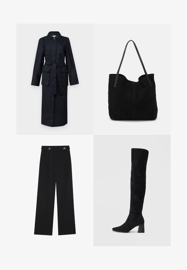 Ilgas, tamsiai mėlynas dryžuotas paltas su apykakle, ilgomis rankovėmis, diržu juosmeniui, dviem didelėmis priekinėmis kišenėmis ir tiesiu siluetu.; Du suknelės su ilgomis rankovėmis, viena juoda ir viena balta, abi su kvadratiniu iškirpimu ir pagamintos iš minkštos, elastingos medžiagos.; Juodi plačios kojos kelnės su aukštu liemeniu, sagų detalėmis ant liemens ir priekinėmis raukšlėmis.; Juoda zomšinė kelio ilgio batai su blokuotu kulnu, smailiu nosiu ir lygiu, be siūlių dizainu ant paprastos šviesios fono.; Juodas zomšinis rankinis krepšys su dviem ilgom, plokščiomis odinėmis diržais. Viršuje yra išlenkta kraštinė, o priekyje matoma siuvimo linija. Nėra metalinių detalių.