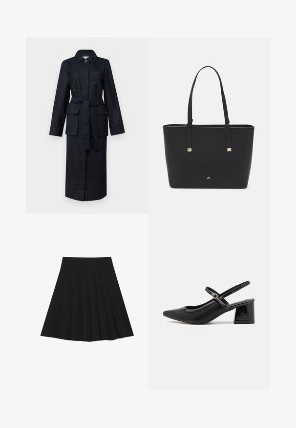 Dlouhý, tmavě modrý kabát s proužky, s límečkem, dlouhými rukávy, páskem v pase, dvěma velkými předními kapsami a rovný střih.; Námořnická a bílá pruhovaná halenka s dlouhým rukávem a lodním výstřihem, se zlatými knoflíky na ohrnutých rukávech. Měkká tkanina, volný střih.; Černá plisovaná sukně vyrobená z texturované látky s dobře padnoucím pasem. Délka sukně je ke kolenům a má hladký, jednoduchý siluetu.; Černé lakované lodičky s otevřenou patou, špičatou špičkou, zaobleným střihem a blokovým podpatkem. Zdobené akcentem v zlatém tónu.; Černá taška přes rameno vyrobená z umělého materiálu, s jednoduchým obdélníkovým designem, zlatými čtvercovými akcenty a dvojitými uchy.