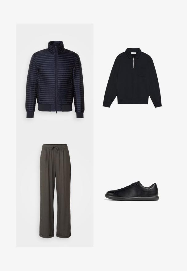 Námořnická prošívaná bunda s vodorovným prošíváním, vysokým límcem, předním zipem a žebrovanými manžetami a lemem. Lehký a kompaktní design.; Pier One Mikina - black; Tmavě šedé kalhoty s širokým střihem a stahovacími šňůrkami v pase, vyrobené z měkké, texturované tkaniny, s ohrnutými manžetami u kotníků.; Černé nízké kožené tenisky s černými šňůrkami a silnou polstrovanou podrážkou, zobrazené v bočním profilu na bílém pozadí.