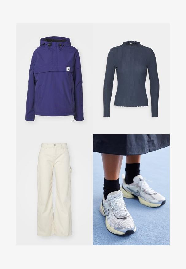 Veste à capuche violette avec un design à demi-zip, poche avant et poignets élastiques. Fabriquée en matériau léger et résistant à l'eau.; Haut à manches longues bleu marine en texture côtelée. Présente un col montant avec un bord festonné et une coupe ajustée.; Pantalons à large jambe en tissu beige clair, dotés d'une taille haute, de poches avant et d'un détail de boucle sur le côté pour plus de fonctionnalité.; Baskets Nike blanches et argentées avec tissu en maille, accents réfléchissants et semelle beige. Portées avec des chaussettes noires, se tenant sur une surface bleue.