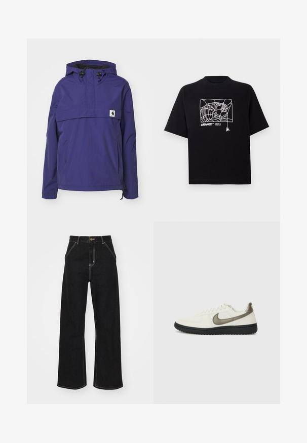 Lila kapucnis dzseki, félig zipzáros kivitelű, elülső zsebbel és elasztikus mandzsettákkal. Könnyű, vízálló anyagból készült.; Fekete pamut póló rövid ujjakkal. Elülső részén fehér pókhálós grafika és logó található. Egyszerű, kerek nyakú.; Fekete, széles szárú farmernadrág, kontrasztos fehér varrással és elülső gombos záródással, két ferde elülső zsebbel.; Nike Sportswear FIELD GENERAL - Sportcipő - off-white/black