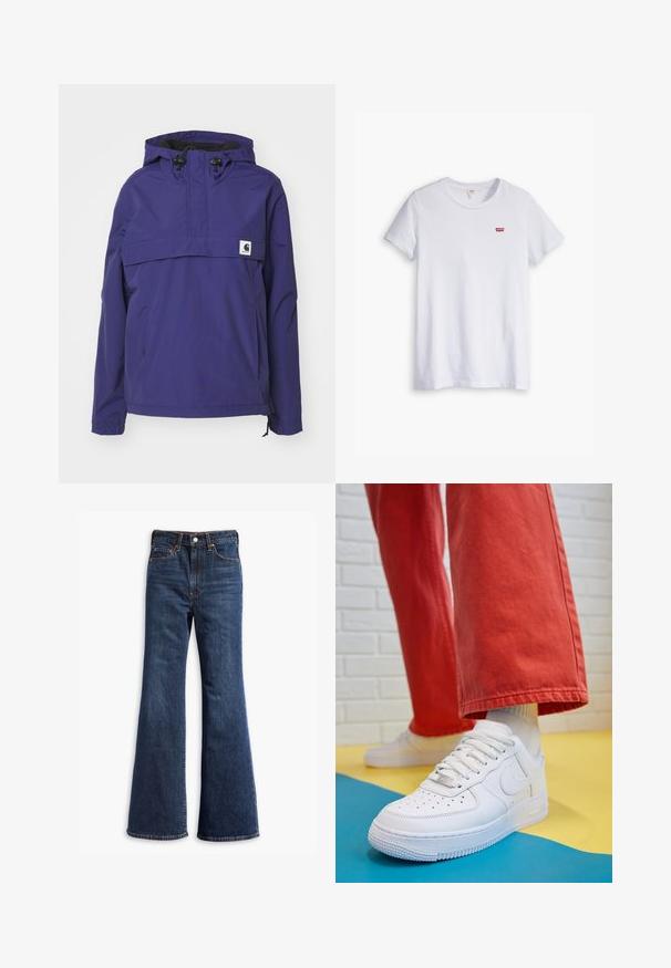 Lilla hættejakke med halv lynlås-design, frontlomme og elastiske manchetter. Fremstillet af letvægts, vandafvisende materiale.; Hvid bomulds t-shirt med korte ærmer og rund halsudskæring. Har et lille rødt Levi's-logo på venstre brystområde.; Højtaljede mørkeblå denim jeans med udvidede ben, frontknap og lynlås lukning, samt fem-lommer design.; Hvide lædersneakers med perforeret tå-kasse, tekstureret sål og hvide snørebånd, parret med brede røde bukser og en blå-gul baggrund.
