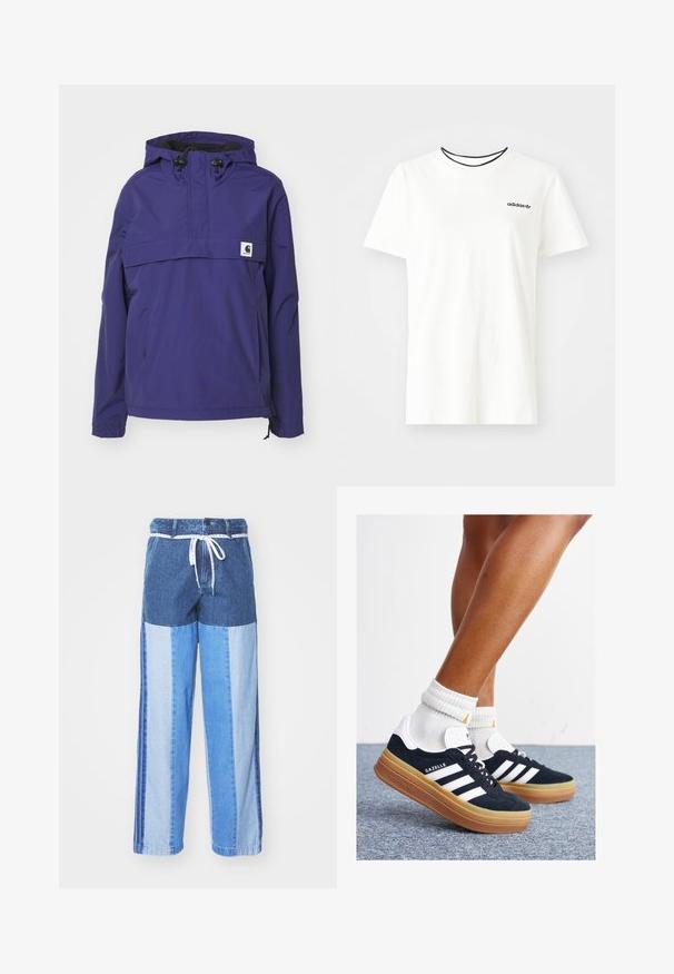 Violetinis gobtuvėlis su pusiau užtrauktuku, priekinė kišenė ir elastingi rankogaliai. Pagamintas iš lengvos, vandeniui atsparios medžiagos.; Balta medvilnė marškinėliai su trumpomis rankovėmis ir apvalia iškirpte. Ant krūtinės yra juodas Adidas logotipas, o vidinė apykaklė yra kontrastinga juoda.; Mėlyni džinsiniai aptiniai su įvairių atspalvių mėlyno audinio intarpais, su tamprių juosmeniu ir laisvais, tiesiais kirpimais.; Juodi zomšiniai sportbačiai su baltais dryžiais ir akcentais, apvalios nosies, guminio, gumos pado, derinami su baltais raitytais vidutinio ilgio kojinaitėmis.