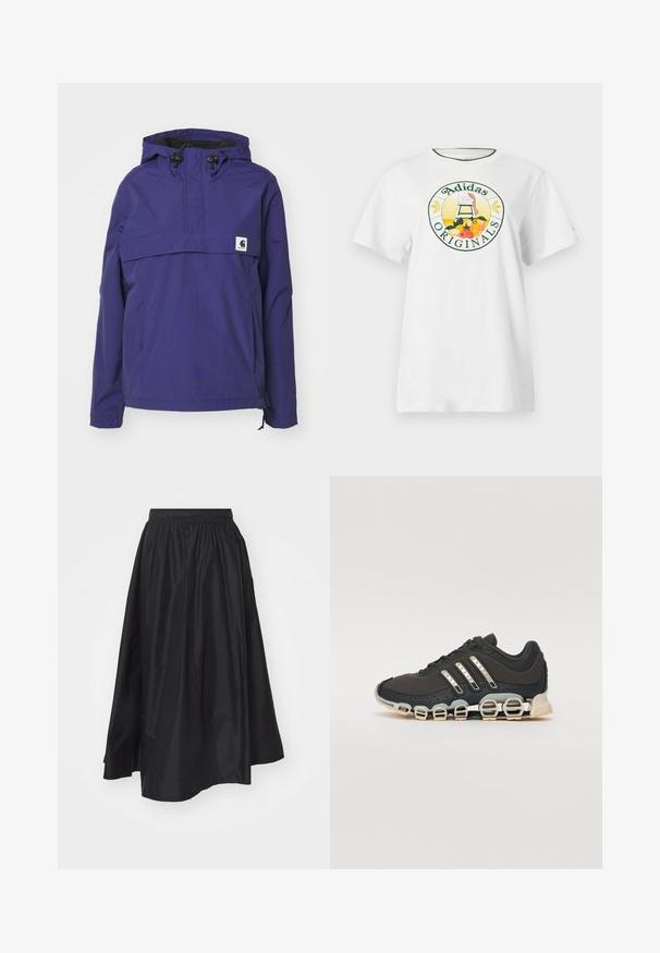 Veste à capuche violette avec un design à demi-zip, poche avant et poignets élastiques. Fabriquée en matériau léger et résistant à l'eau.; T-shirt en coton blanc à manches courtes, avec un logo graphique rond en vert et jaune, affichant "Adidas Originals" et des motifs de fruits.; Jupe noire, de longueur genoux, fabriquée en tissu léger, avec une taille élastique et un design évasé pour faciliter les mouvements.; Chaussure de sport noire avec un dessus texturé, trois bandes argentées et une semelle amortissante distinctive comportant plusieurs sections intégrées.