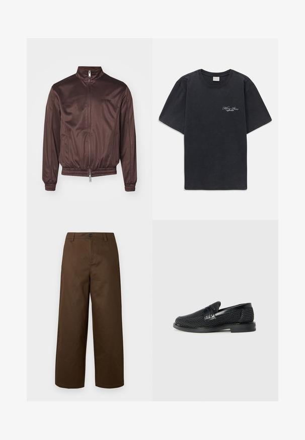 Brun pilotjakke laget av blankt stoff med høy krage, frontglidelås, elastiske mansjetter og midjebånd. Har minimal merkevare på brystet.; Svart kortermet t-skjorte med rund hals og liten hvit "Filling Pieces" tekstlogo på venstre bryst.; Brune vidbente bukser laget av glatt stoff, med knappelukking foran og sidelommer, med et rent og enkelt design.; Sorte vevde slip-on sko med en glatt lærdetalj på overdelen, design med rund tå og en lavprofil gummisåle.