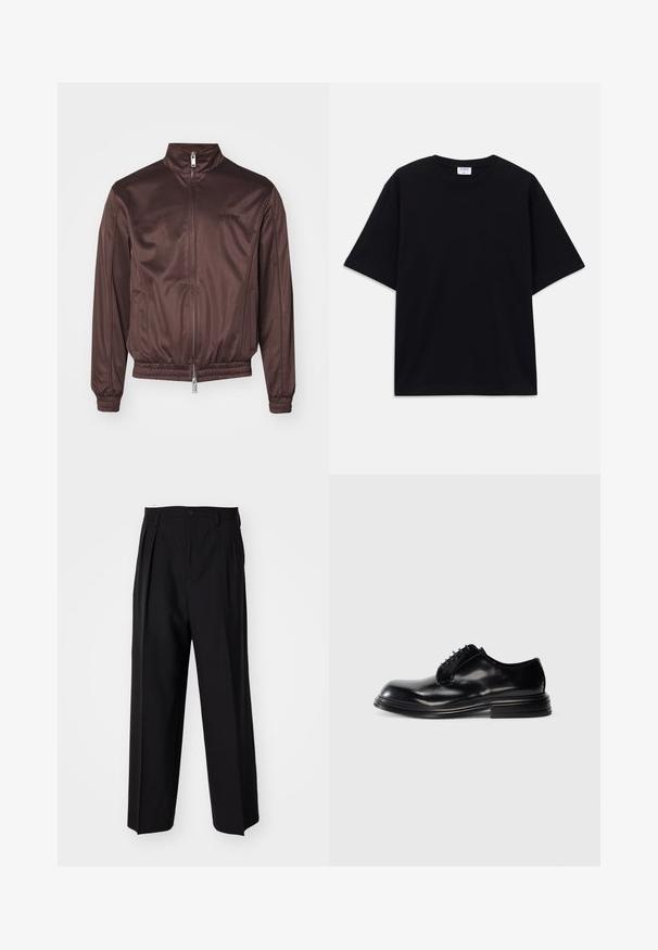 Jaqueta bomber castanha feita de tecido brilhante com colarinho alto, fecho frontal, punhos elásticos e faixa na cintura. Apresenta uma marcação mínima no peito.; T-shirt oversized de manga curta preta com decote redondo e etiqueta da marca Filippa K visível no interior da gola.; Calças pretas plissadas com um design reto e de perna larga. Feitas de um tecido liso, apresentam um fecho de botão e passantes para cinto.; Sapato de couro preto com biqueira arredondada, acabamento liso, design lace-up e salto empilhado. Estilo minimalista sem logótipos visíveis.