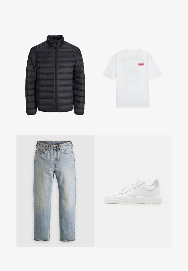 Schwarze Steppjacke mit horizontaler Steppung, durchgehendem Reißverschluss, hohem Kragen und elastischen Bündchen. Leicht und mit glatter Textur.; Weißes Baumwoll-T-Shirt mit kurzen Ärmeln, Rundhalsausschnitt und einem roten grafischen Text "LECKERER ERFRISCHENDER FRUCHT" auf der Vorderseite.; Helle blaue Jeans mit hoher Taille, Frontknopf, Reißverschluss und fünf Taschen-Design, flach auf einem neutralen Hintergrund ausgelegt.; Weiße Leder-Sneaker mit glatter Oberfläche, rundem Zehenbereich, flachen Schnürsenkeln und strukturiertem Schuhsohlen. Graues Wildleder-Detail an der Ferse.