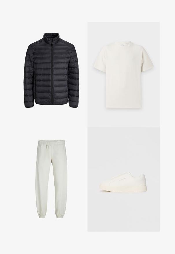 Čierna puffová bunda s horizontálne prešívaným dizajnom, plným zipsom, vysokým golierom a elastickými manžetami. Ľahká, hladká textúra.; Biela krátka tričko s krátkym rukávom so žebrovanou textúrou. Okrúhly výstrih, uvoľnený strih, žiadne viditeľné vzory ani akcenty. Jednoduchý a všestranný dizajn.; Biele teplákové nohavice vyrobené z mäkkej textílie, s elastickým pásom a manžetami, s hladkým povrchom a voľným strihom.; Biele slip-on tenisky s textúrovaným povrchom, hrubou podrážkou a minimalistickým dizajnom. Obsahuje logo značky na boku.