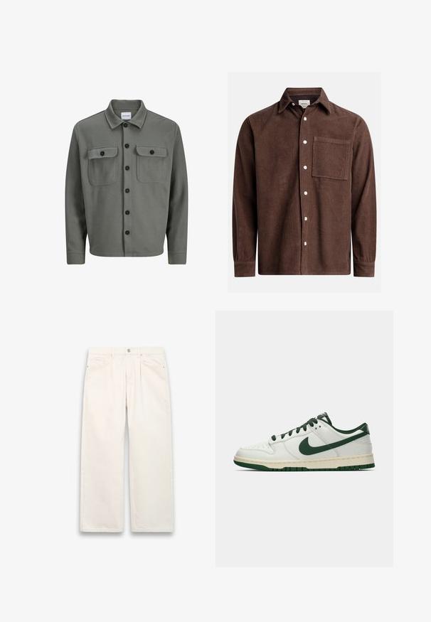 Veste en tissu tissé gris avec un devant à boutons, deux poches poitrine avec rabats et un col classique. Des boutons noirs accentuent le contraste.; Chemise en velours côtelé marron avec un col boutonné, poche avant, boutons blancs et manches longues avec des poignets boutonnés. Détail de tissu texturé.; Jean large blanc en denim, dotés d'une fermeture à bouton, de cinq poches et de détails de couture subtils. Design épuré et minimaliste.; Baskets basses blanches avec un swoosh Nike vert foncé, des lacets et des accents de semelle, présentées en profil sur un fond blanc uni.