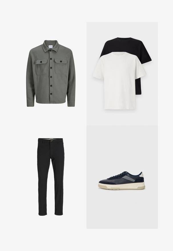 Šedá tkaná košile s límcem, která má zapínání na knoflíky, dvě náprsní kapsy s klopami a klasický límec. Černé knoflíky zvyšují kontrast.; Sada bavlněných triček, která obsahuje černé a bílé tričko, obě s krátkým rukávem, kulatým výstřihem a standardním střihem. Texturovaná látka.; Černé kalhoty z bavlněné směsi s úzkým střihem, s knoflíkovým zapínáním, kapsami a ohrnutými manžetami pro uvolněný vzhled.; BOSS BALTIMORE - Tenisky - open blue