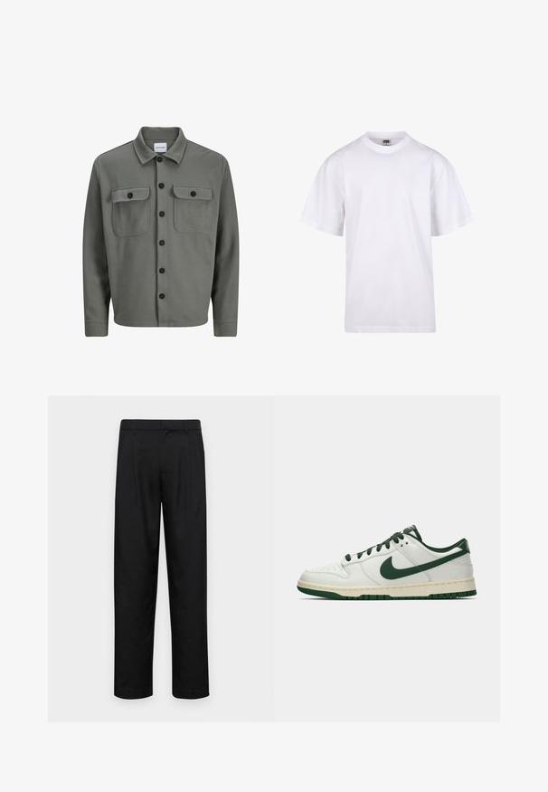 Szary, wpleciony żakiet koszulowy z zapięciem na guziki, dwiema kieszeniami na piersi z klapami i klasycznym kołnierzykiem. Czarne guziki zwiększają kontrast.; Biała bawełniana koszulka z okrągłym dekoltem, krótkimi rękawami i luźnym krojem. Posiada prosty design bez wzorów czy akcentów.; Czarne spodnie wykonane z gładkiego materiału, z prostą nogawką, dwoma fałdami z przodu oraz standardowym paskiem z wypustkami na pasek.; Białe sneakersy niskie z ciemnozielonym logo Nike, sznurowadłami i akcentami na podeszwie, pokazane z profilu na jednolitym białym tle.