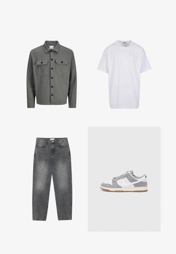 Szürke, szövet ingdzseki, gombos előrész, két mellsz zsebbe, fedéllel, és klasszikus gallérral. Fekete gombok fokozzák a kontrasztot.; Fehér pamut póló rövid ujjal, kerek nyakú, laza szabású, és nincsenek látható logók vagy minták. Simább textúra és minimalista dizájn.; Magasan szabott, bővebb szabású farmernadrág fakó fekete denim anyagban. Öt zsebbel, övhurkokkal és tiszta, egyenes lábszár dizájnnal rendelkezik.; Szürke és fehér sportcipő, velúr és bőr felsőrésszel, kerek orral, lapos fűzőkkel és gumitalppal, amelyen rágógumi színű díszítés található.