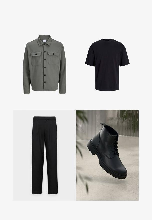 Giacca camicia grigia in tessuto intrecciato con chiusura a bottoni, due tasche sul petto con patta e colletto classico. Bottoni neri per un contrasto accentuato.; T-shirt in cotone nero con collo rotondo, maniche corte e vestibilità morbida. Texture liscia senza pattern o dettagli visibili.; Pantaloni neri realizzati in tessuto liscio, caratterizzati da un taglio dritto, due pieghe frontali e una vita standard con passanti per la cintura.; Stivali alla caviglia in pelle nera con punta arrotondata, design con lacci e suola in gomma robusta. Texture liscia con una linguetta sul retro.