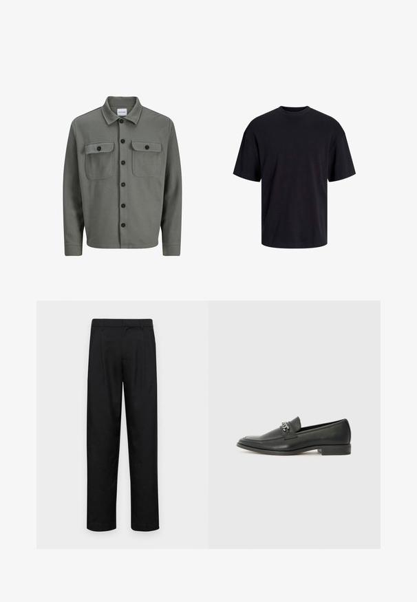 Grå, vävd skjortjacka med knäppning framtill, två bröstfickor med lock och klassisk krage. Svarta knappar ökar kontrasten.; Svart bomullströja med rundad halsringning, korta ärmar och avslappnad passform. Slät textur utan synliga mönster eller detaljer.; Svarta byxor i slät väv, med rak ben-design, två framfickor och standardmidja med bälteshällor.; Svart läderloafers med en slät yta, med en sydd design och en dekorativ metallkedjeaccent över västen. Platt häldesign.
