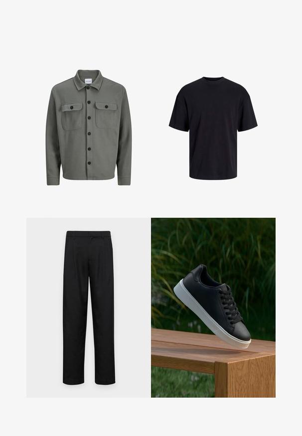 Graue, gewebte Shirtjacke mit durchgehender Knopfleiste, zwei Brusttaschen mit Klappen und klassischem Kragen. Schwarze Knöpfe betonen den Kontrast.; Schwarzes Baumwoll-T-Shirt mit Rundhalsausschnitt, kurzen Ärmeln und lässiger Passform. Glatte Oberflächenstruktur und keine sichtbaren Muster oder Akzente.; Schwarze Hose aus glattem Stoff, mit geradem Bein Design, zwei vorderen Falten und einem Standardbund mit Gürtelschlaufen.; Schwarze Leder-Sneaker mit glatter Oberfläche, weißer Gummisohle und sechs Ösen für Schnürsenkel, auf einer Holzfläche präsentiert.