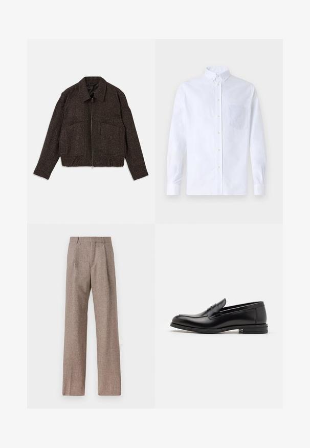 Chaqueta marrón texturizada con cierre de cremallera, cuello con solapa, dos bolsillos delanteros y cintura ajustada. El material parece ser tejido con un patrón sutil.; Camisa blanca de manga larga y botonadura frontal, hecha de algodón, con un bolsillo en el pecho con bordado tonal, cuello y puños con botones.; Pantalones marrones de cintura alta hechos de una tela texturizada. Presentan piernas anchas y dos pliegues frontales para dar estructura. Acabado limpio sin hardware visible.; Mocasines de cuero negro con una textura suave, puntera redondeada y una tira decorativa en el empeine. Tacón bajo apilado, diseño minimalista.