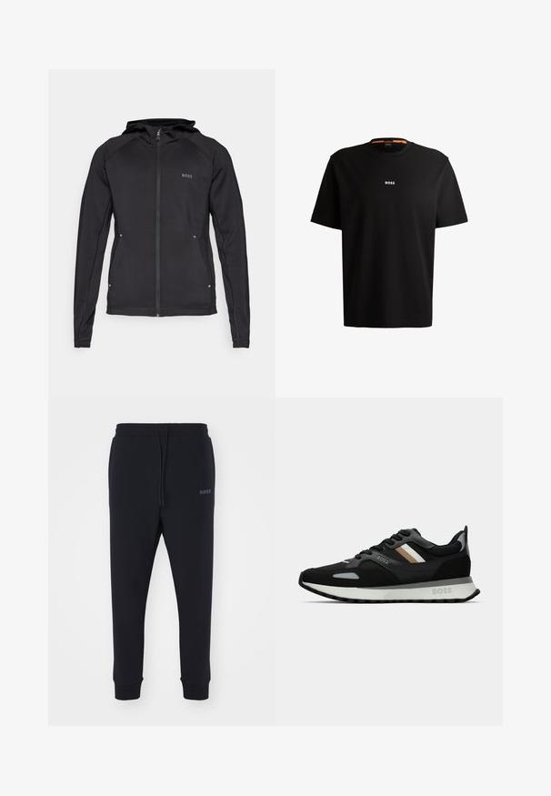 Svart treningsjakke med glidelås foran, hette og flate sømmer. Har logo på øvre venstre side og reflekterende detaljer nederst.; Svart bomull t-skjorte med rund hals, korte ermer og hvit "BOSS"-logo sentrert på brystet. Glatt tekstur, avslappet passform.; Sorte sweatsbukser laget av mykt materiale med elastisk midjebånd, snor og avsmalnende bein. Har et lite logo på siden.; Svart løpetreningssko med teksturert overflate, lysegrå detaljer og tre horisontale striper i brunt. Har en hvit polstret såle.