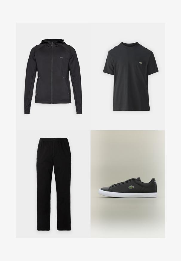 Black athletic jacket with a zip front, hood, and flat seams. Features logo on upper left side and reflective accents at the bottom.; Black cotton t-shirt with short sleeves, round neckline, and a small green logo on the left chest pocket. Simple design, regular fit.; Black pants made of cotton blend fabric, featuring a straight cut, elastic waistband with button, and no visible patterns or accents.; Black leather sneakers with white rubber sole, featuring a green crocodile logo and round laces, sleek design with smooth texture.